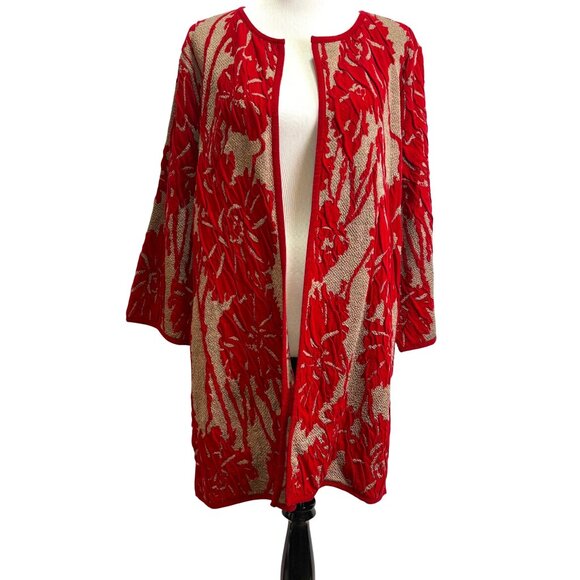 Chicos Travelers Exploded Red Beige Textured Jacquard Open Front Cardigan Size 3 - Picture 1 of 11